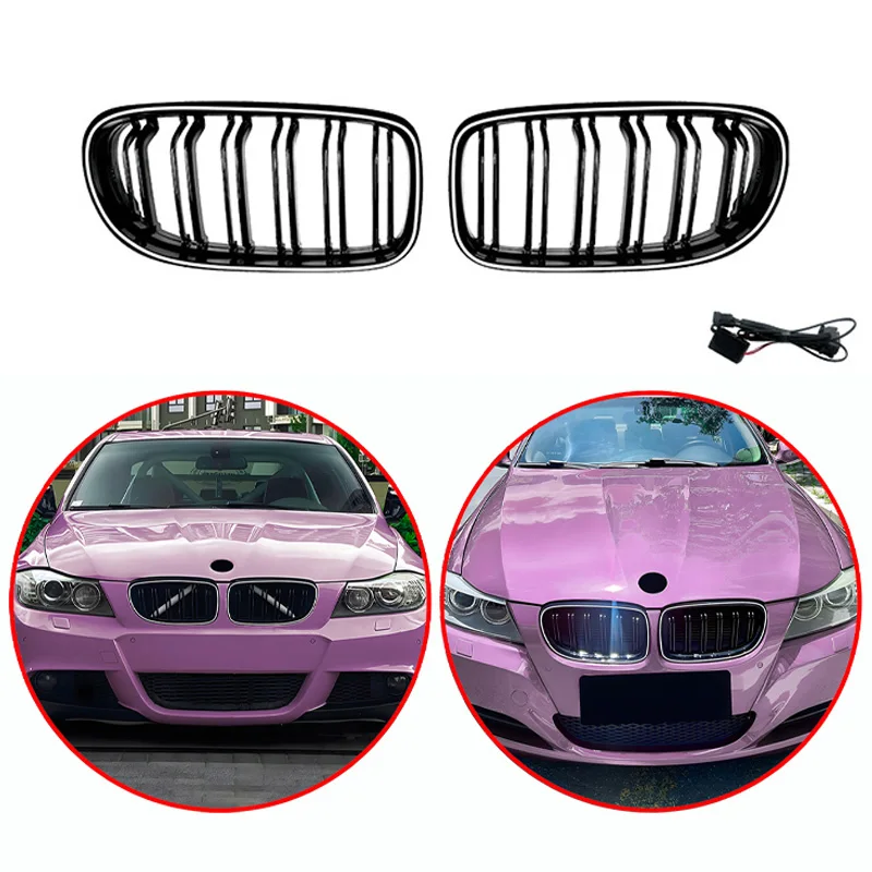 Фото Для BMW 5 серии E90 E91 2009-2012: Высококачественная решетка радиатора с двойными линиями LED, глянцевый черный цвет, ABS-пластик. №1