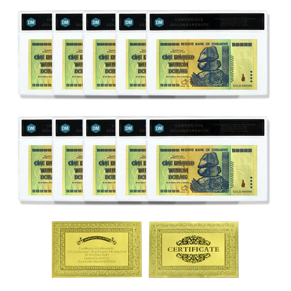 

10pcs/lot Zimbabwe Gold Foil Banknotes Zimbabwe One Hundred Trillion Dollars with Card Holder Art Ornaments Holiday Gifts