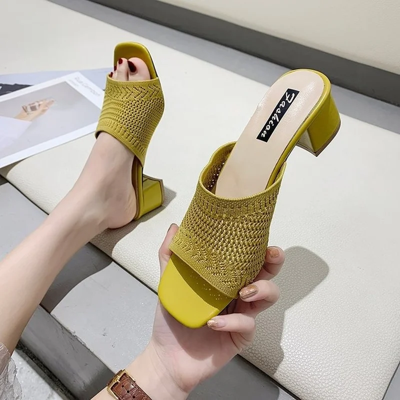 2022 Summer Knitting Women Slippers Thick Heel Middle Heel Sandals Stretch Beige Black Women's Shoes Sexy Fashion Slides Female