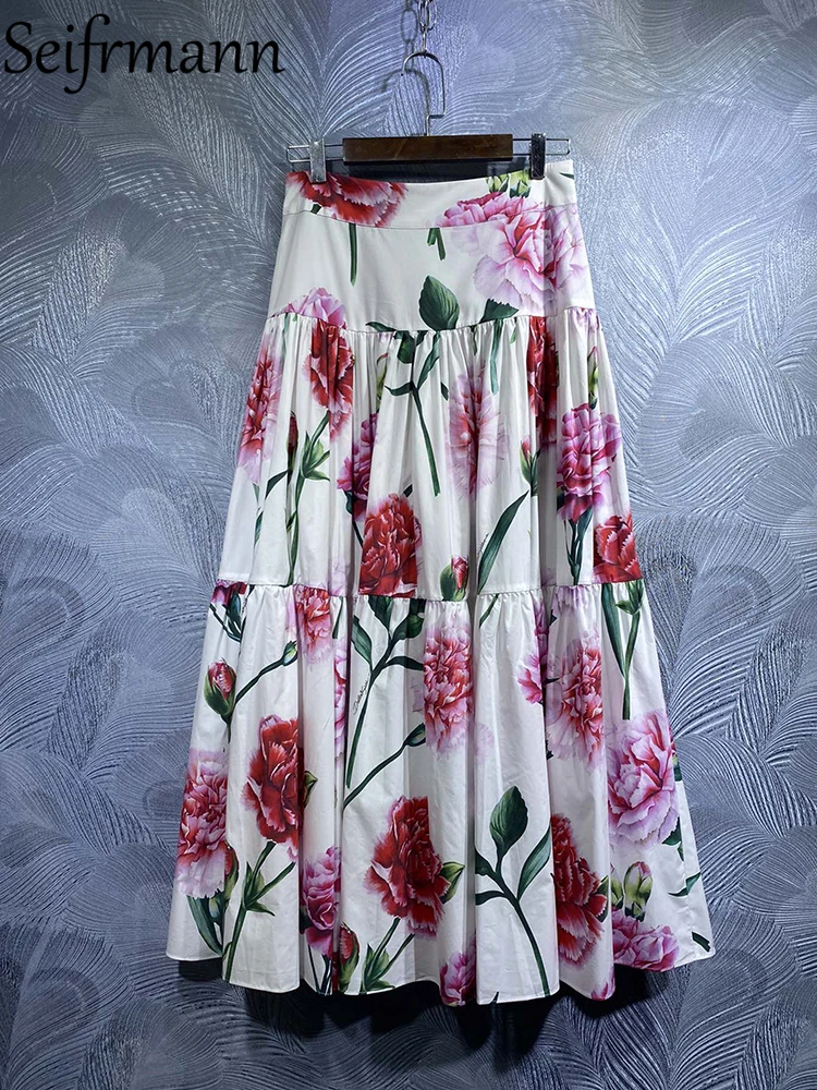 Seifrmann High Quality 2023 Spring Summer Women Fashion Designer Skirts High Waist Floral Print Patchwork Big Swing Cotton Skirt