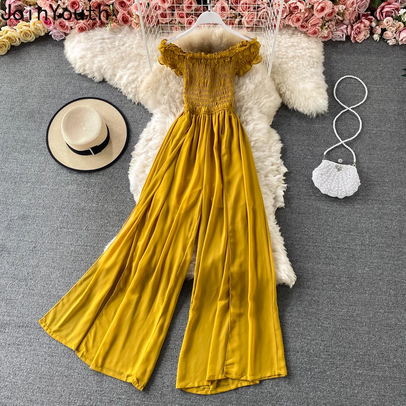 Женский комбинезон с вырезом-лодочкой широкие брюки со складками летний в