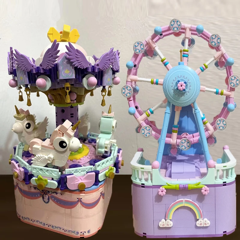 

Amusement Park Music Box Ferris Wheel Carousel Micro Building Blocks MOC City Street View Architecture Mini Bricks Girls Gifts