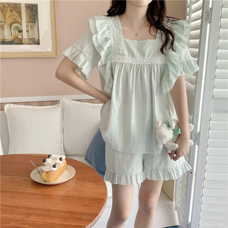 

Ruffles Square Collar Home Clothes Women Pajama Set Cotton Sleepwear Suit Pulloiver Tops Shorts Pijamas Cute thin Summer S052