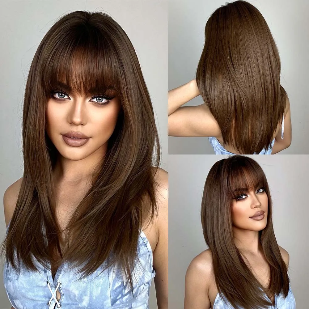 

Brown Long Straight Layered Synthetic Wigs with Full Bangs for Black Women Natural Hairs Wig Daily Cosplay Heat Resistant Fiber