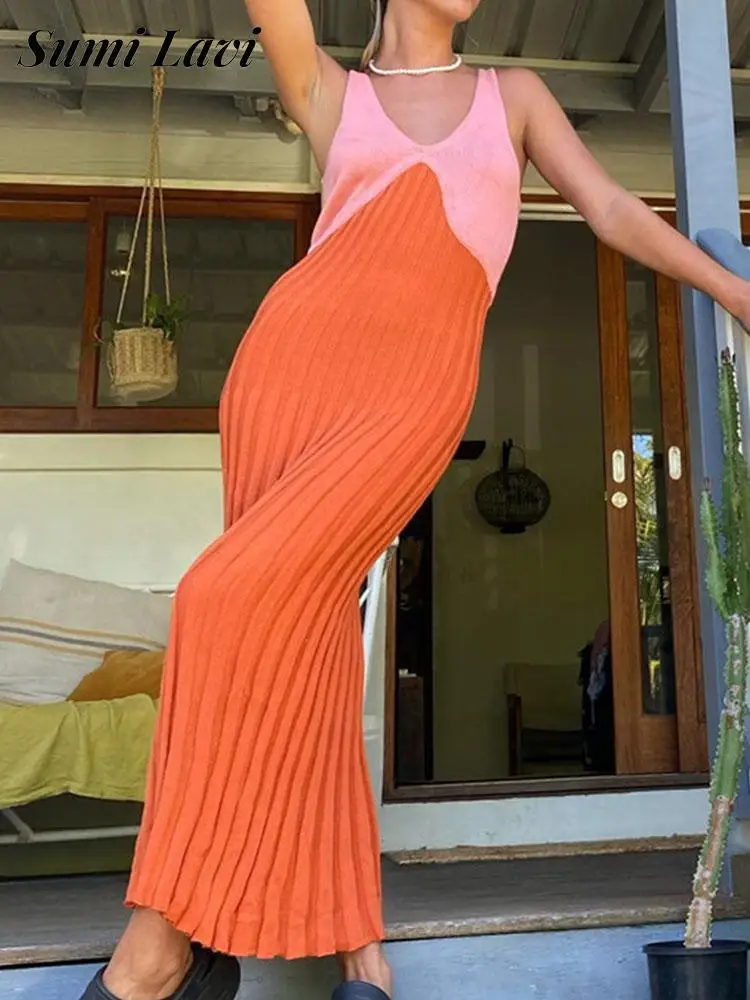 

Женское трикотажное платье в западном стиле, облегающее контрастное платье без рукавов с V-образным вырезом, легкое длинное платье в стиле п...