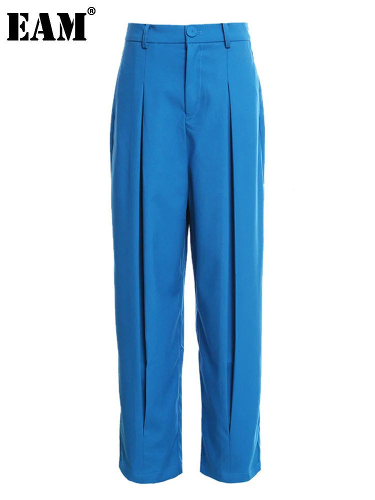 

[EAM] High Waist Blue Brief Pleated Long Wide Leg Trousers New Loose Fit Pants Women Fashion Tide Spring Autumn 2022 1Z824