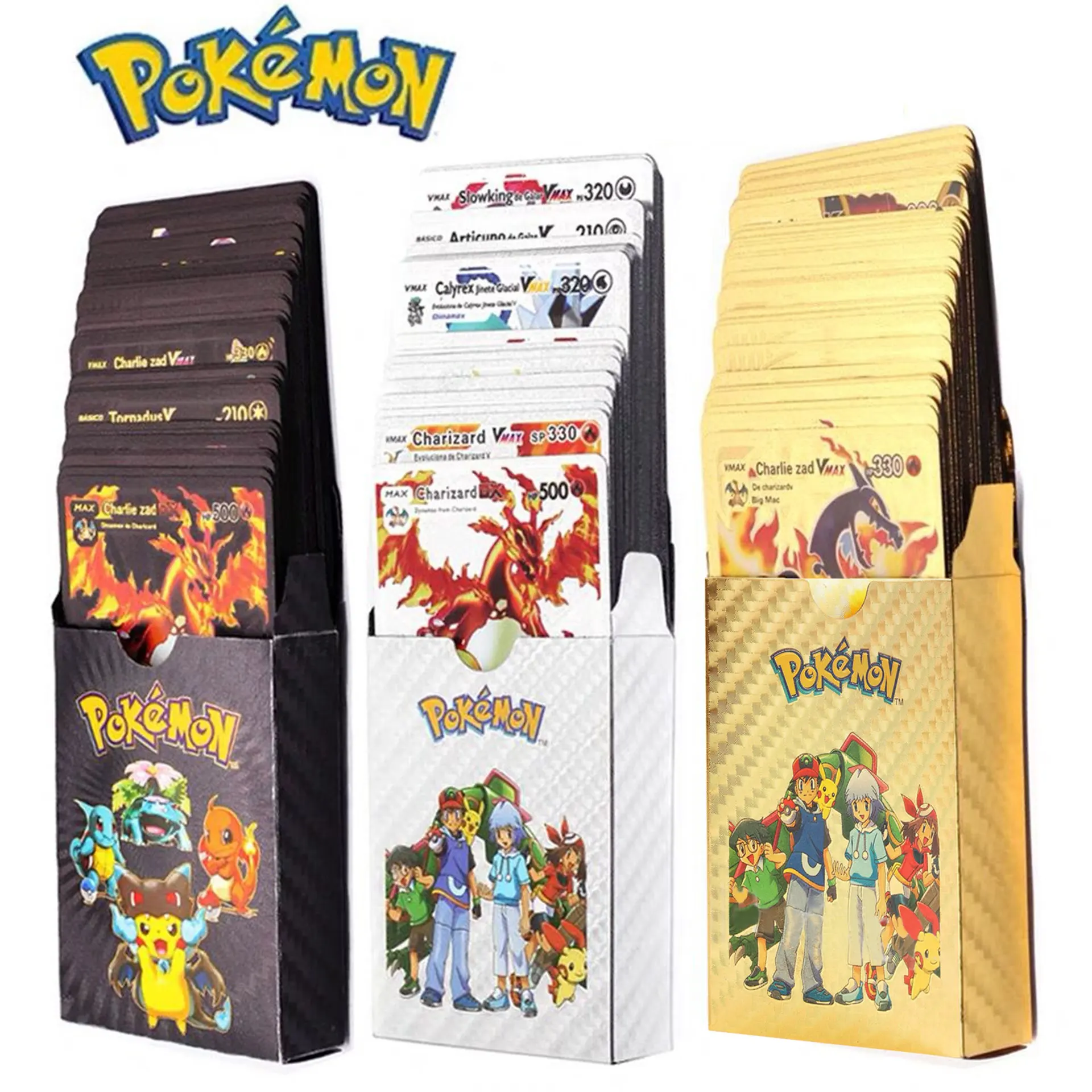 

Pokemon Cards Metal Gold Sliver Spanish Vmax GX Energy Card Charizard Pikachu Rare Collection Battle Trainer Boys Gift