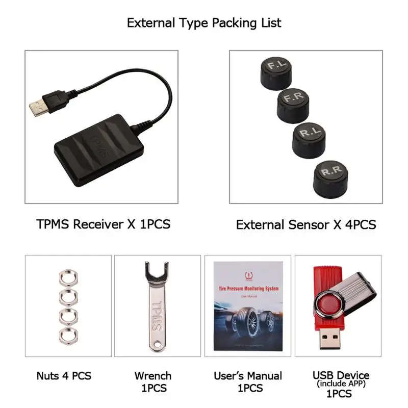 

USB Tire Pressure Monitor System TPMS External Sensor Auto Alarm Sensor Module USB TPMS With 4 Sensors For Car Bus Minibus