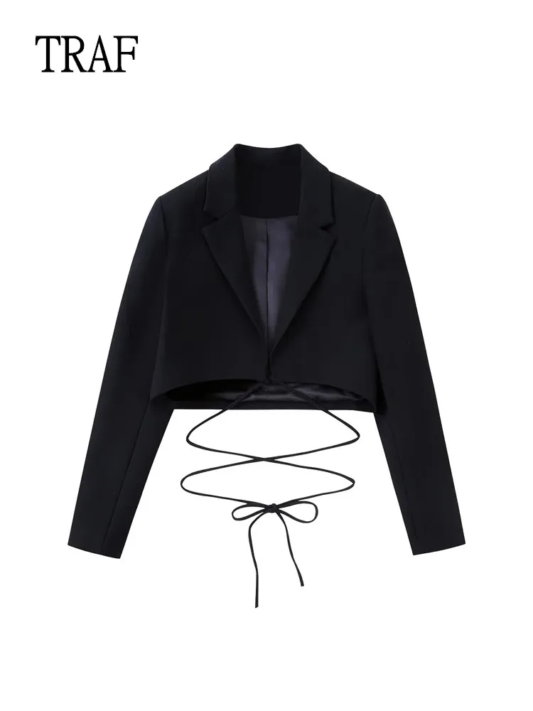 TRAF Short Black Blazer Women 2022 Fashion Bow Long Sleeve Top Female Blazer Jacket Elegant Female Suit Casual Streetwear Woman