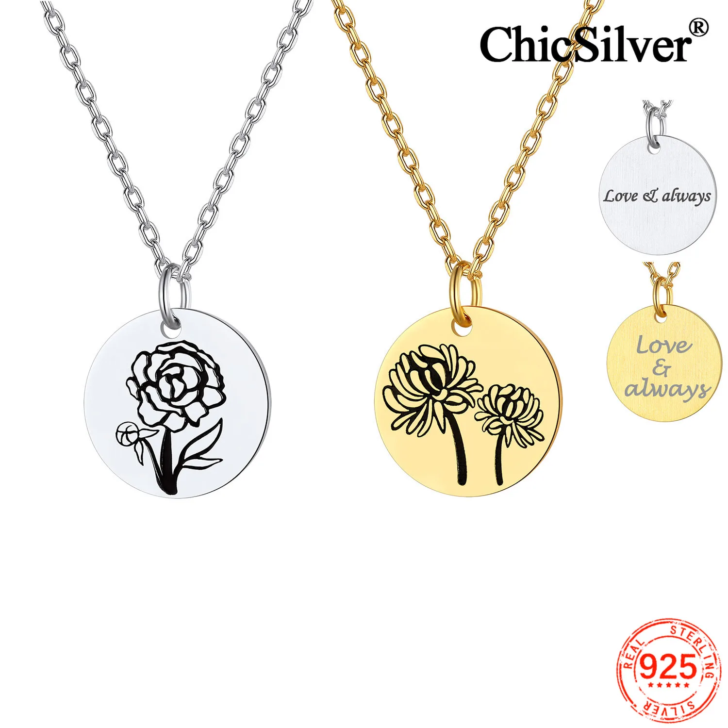 

ChicSilver 925 серебро рождения месяцев цветок ожерелье для женщин Изящная гравировка цветочный диск монета кулон пользовательские ювелирные изделия на день рождения