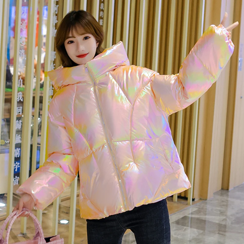 2021 New Winter Jacket Women Short Hooded Coat Women Fashion Parkas Colorful Bright Fabric Jackets Autumn Warm Puffer Jacket