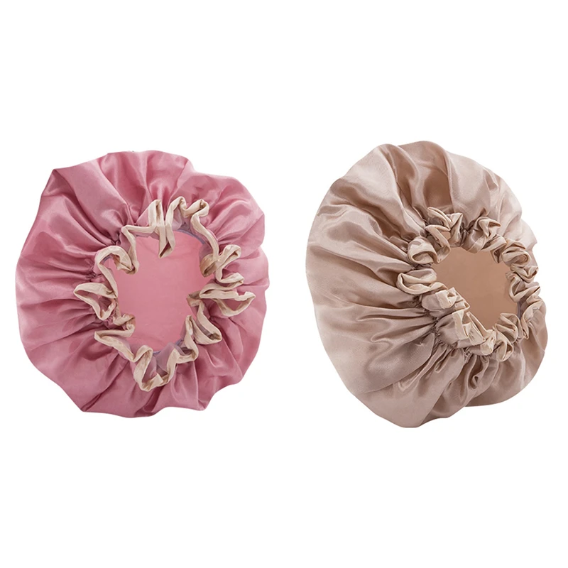 

2 Pcs Women's Waterproof Hat Bathing Long Hair Bathing Headgear Hair Cover Oil Fume Dry Hair Cap, Pink & Champagne