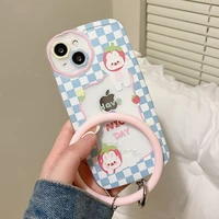 cute plaid strawberry rabbit clear phone case for iphone 13 11 12 pro x xr xs max 7 8plus cartoon sweet bracelet ring soft cover