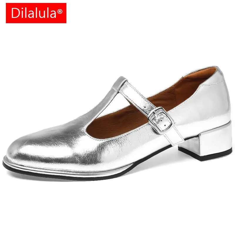 

Dilalula Women Pumps Spring Summer Office Ladies Casual Students Round Toe Thick Heels Genuine Leather T-Strap Shoes Woman Retro