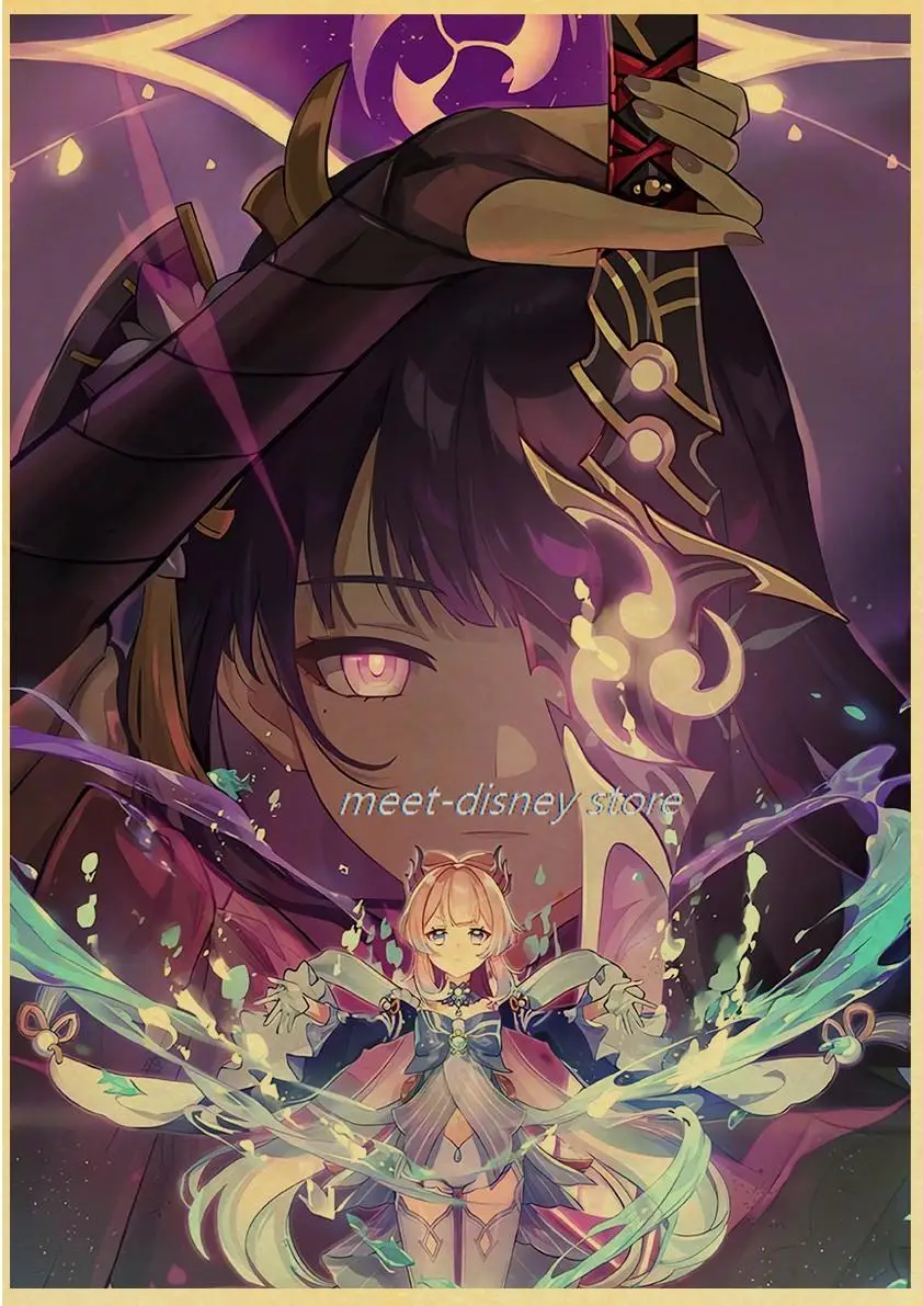 Популярная игра постеры Genshin Impact мультфильм крафт-бумага декор для комнаты