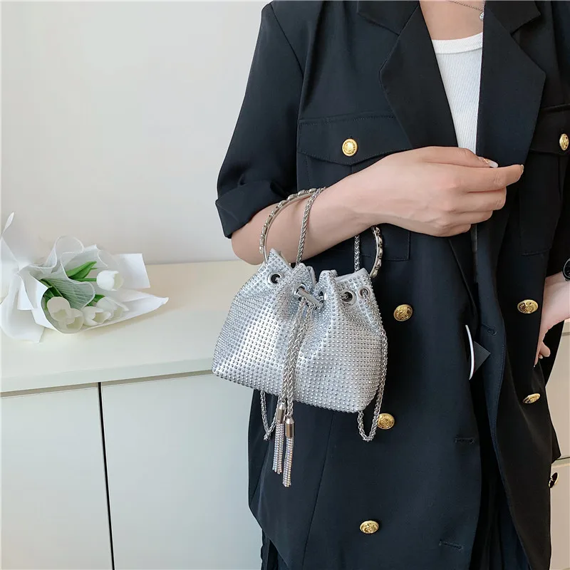 

2022 Fashion Women Bucket Shoulder Bag With Sequin Crossbody Pruse Evening Party Sliver Gold Handbags Female Design Clutches