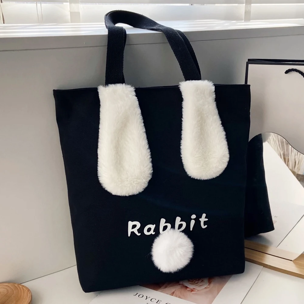 

Women Canvas Shoulder Bag Cute Plush Bunny Reusable Shopping Bags Letters Tote Female Handbag Large Capacity Ladies Bolsas Bag