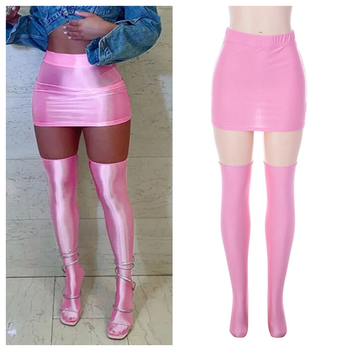 

Women Solid Ruched Elastic Waist Slim Peach Hip Skirts+Long Socks Skinny Coquette Midnight Party Y2K Clubwear Bottoms
