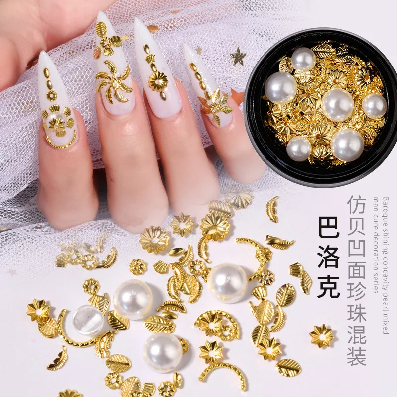 

Baroque 3D Gold Silver Nail Charms Metal Rivets Leaf Studs Rhinestones Pearl Nails Jewelry DIY Nail Art Decorations Accessoires