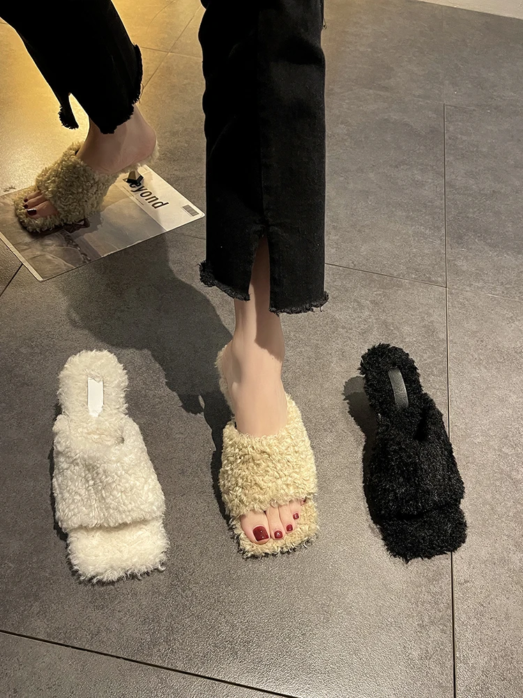

Stiletto High-heeled Square-headed Slippers Women's Shoes 2022 Spring, Autumn and Winter New Fashion Warm Middle-heeled Shoes