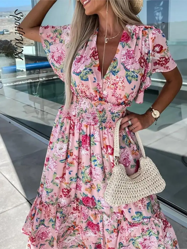 

Elegant Floral Print Elastic Waist Pleated Boho Dress Summer Ruffled Short Sleeve Dress Fashion Women V-neck Beach Midi Dress