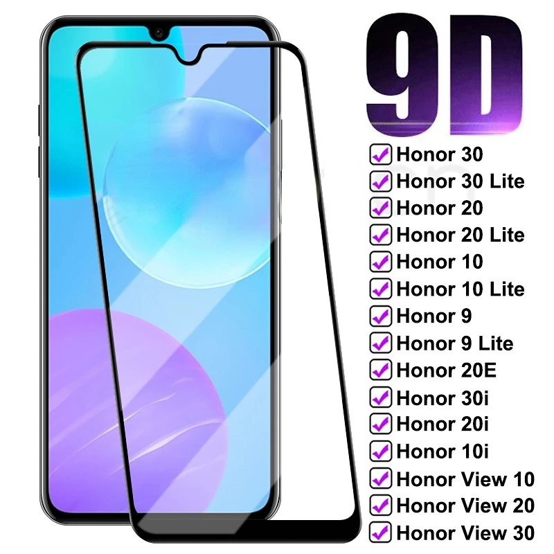 

9D полное покрытие, прозрачная защита экрана, закаленное стекло для Honor 30 20 10 Lite V9 V20 V10 V30 Pro 20i, защитная стеклянная пленка