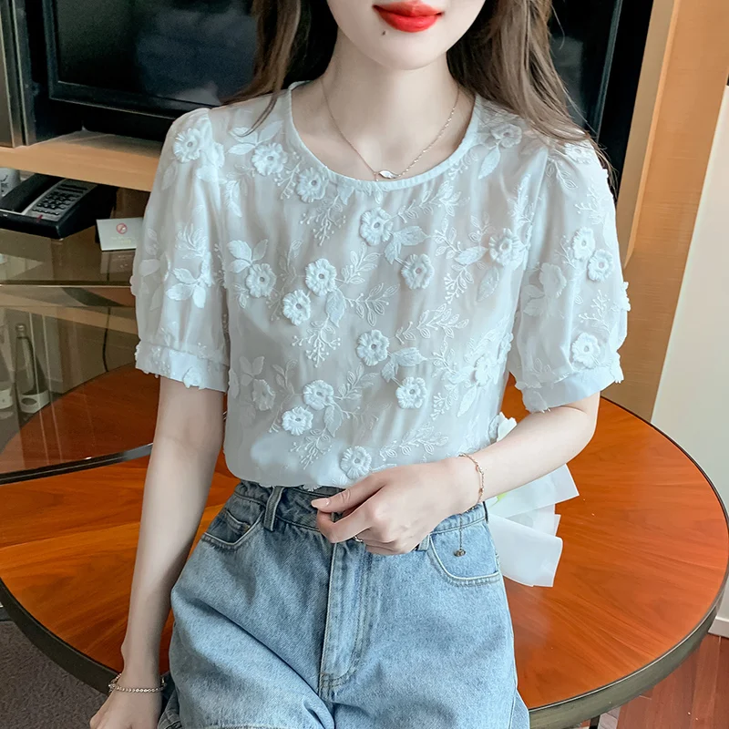 

Vintage Flower Embroidered Chiffon Shirts Women 2023 Summer White Puff Sleeve Blouses O Neck Casual Elegant Tops Clothing 27012