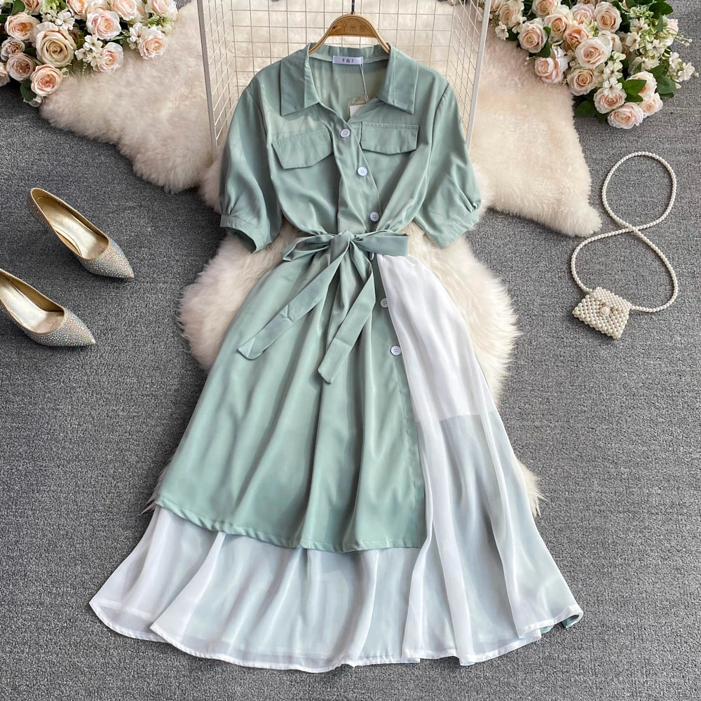 

Летнее Новое корейское платье трапециевидной формы с отворотом на талии, тонкое и контрастное длинное платье