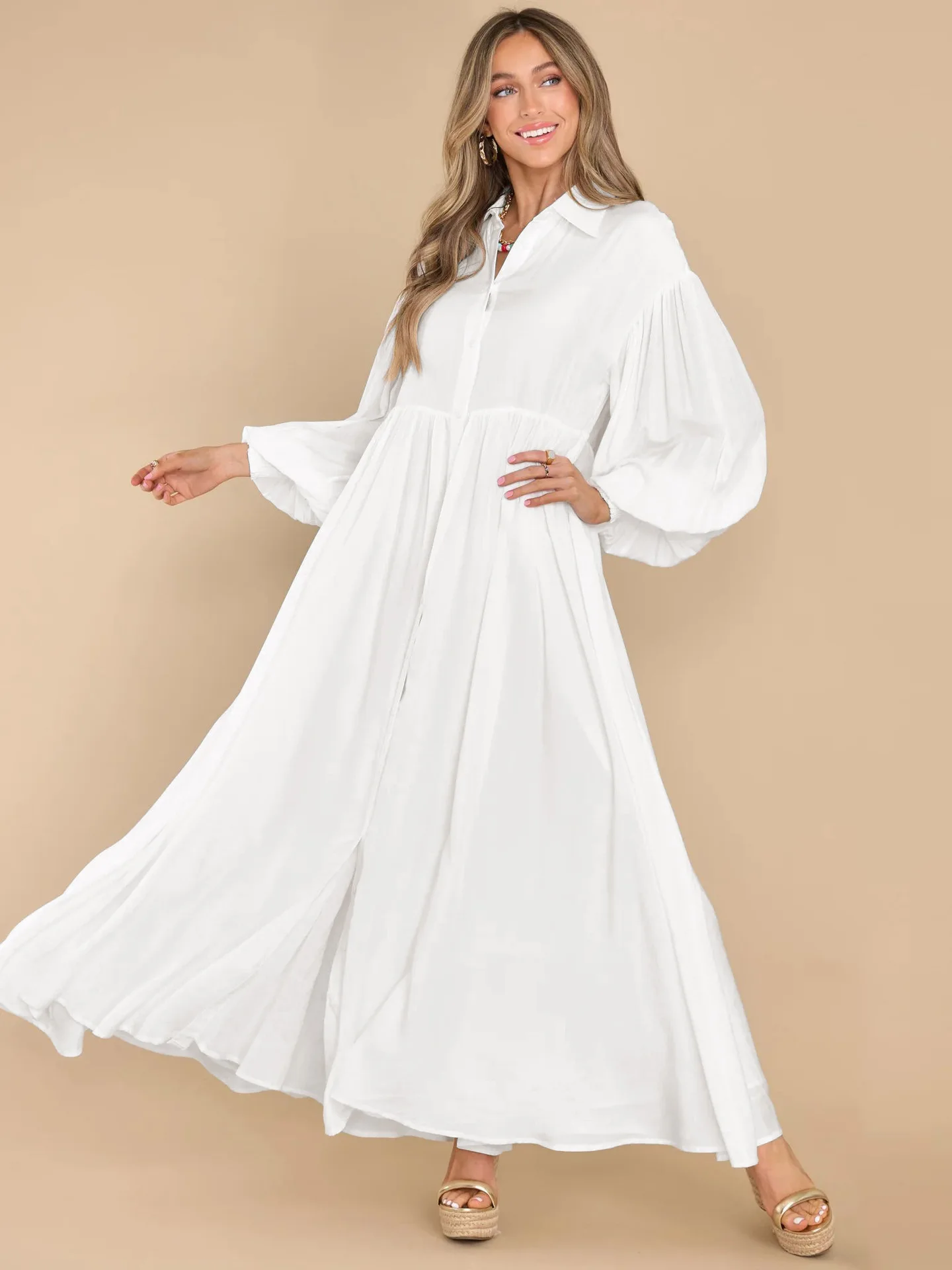 

2023 Europe and the United States new autumn and winter long solid color dress explosion women's button loose oversized skirt