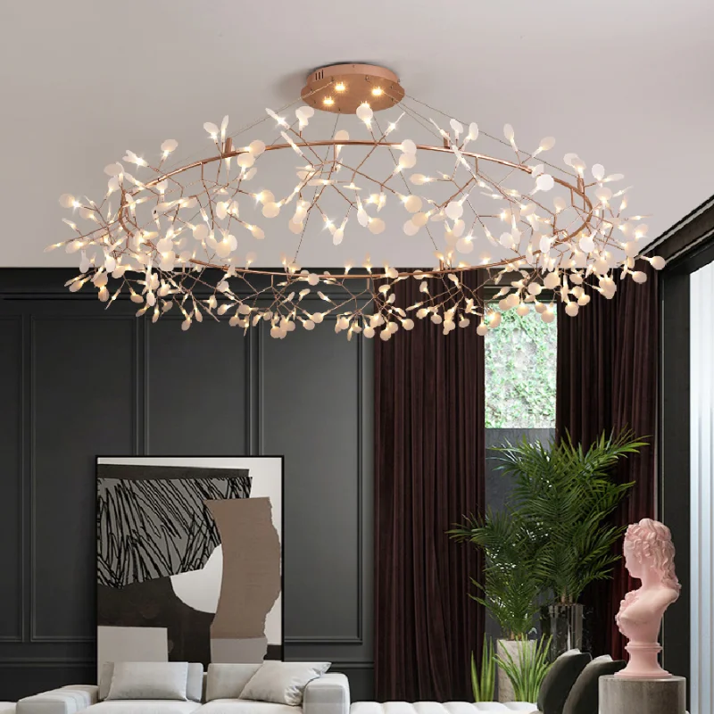 

Chandeliers Light Modern Romantic Firefly LED Stylish Tree Branch Metal Round Dining Room Living Room Restaurant Chandelier