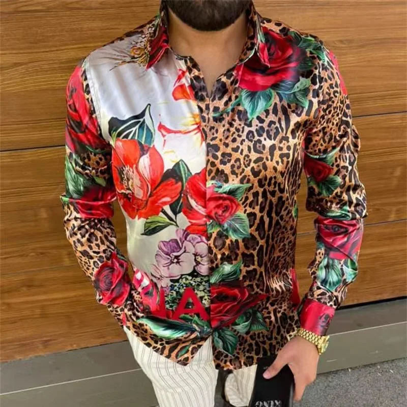 Men's casual leopard pattern royal vest 2023 Spring and autumn men's Hawaiian casual shirt men's long-sleeved top