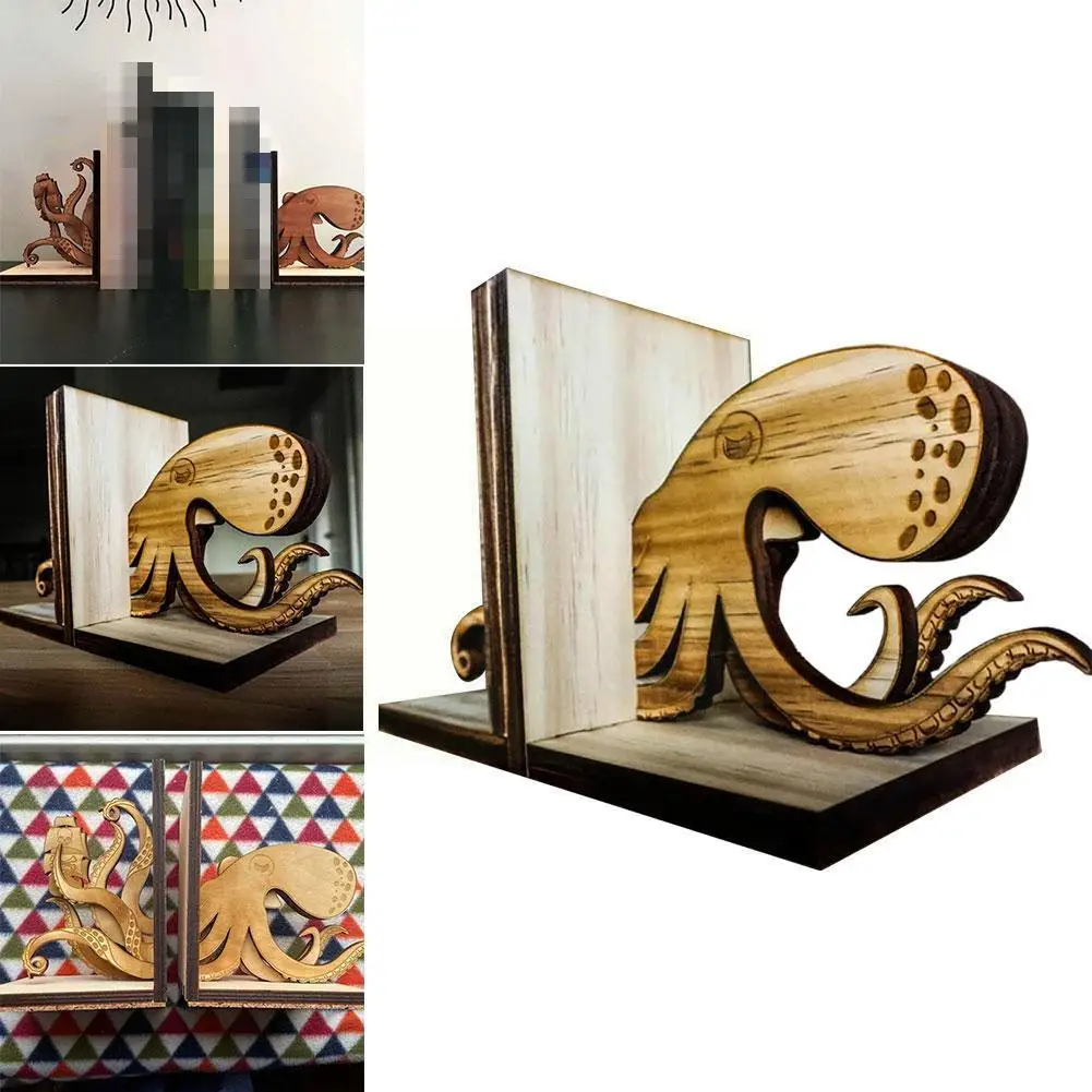 

Wooden Octopus Bookends Desktop Organizer Office Home Stand Bookends Shelf Bookrack Book Stationery Holder Accessories Ends I3x2