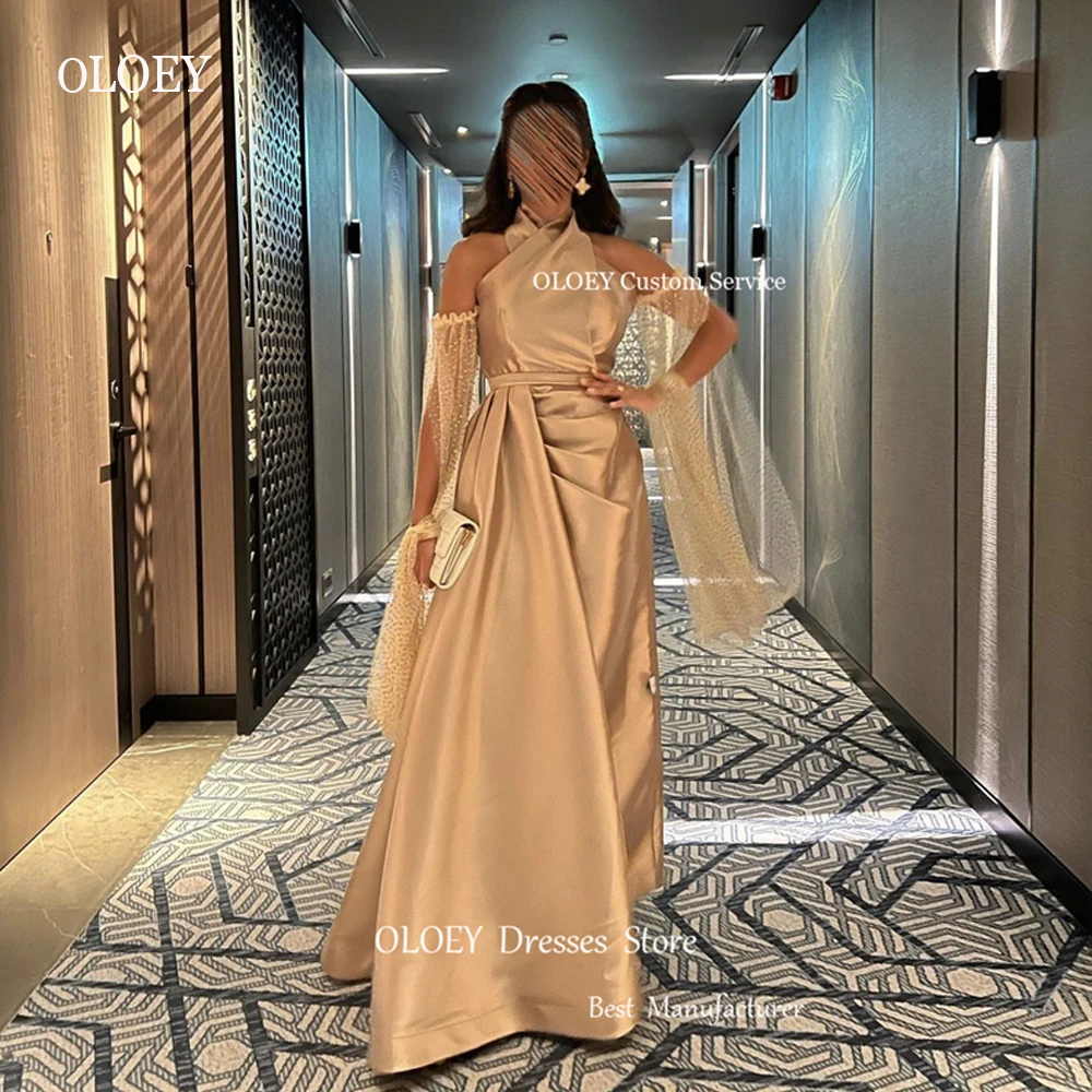 

OLOEY 2023 Saudi Arabic Women Champagne A Line Evening Dresses Halter Tulle Long Sleeves Elegant Prom Gowns Formal Party Dress