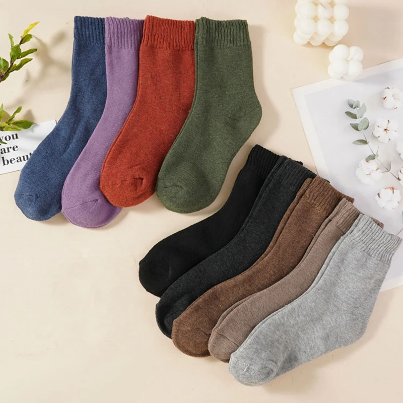 2 Pairs Autumn Winter Women's Thickened Terry Middle Tube Socks Solid Color Simple Daily Comfortable Breathable Floorboard Socks