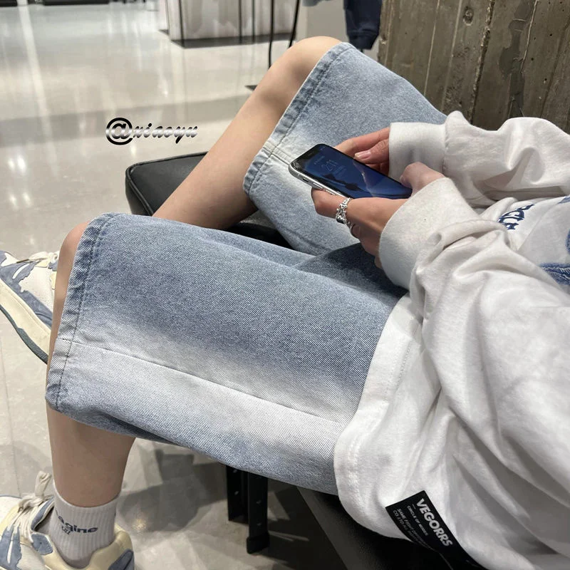 

Джинсовые шорты мужские с вареным градиентом, тонкие летние повседневные свободные прямые брюки с широкими штанинами, модный спортивный комбинезон оверсайз