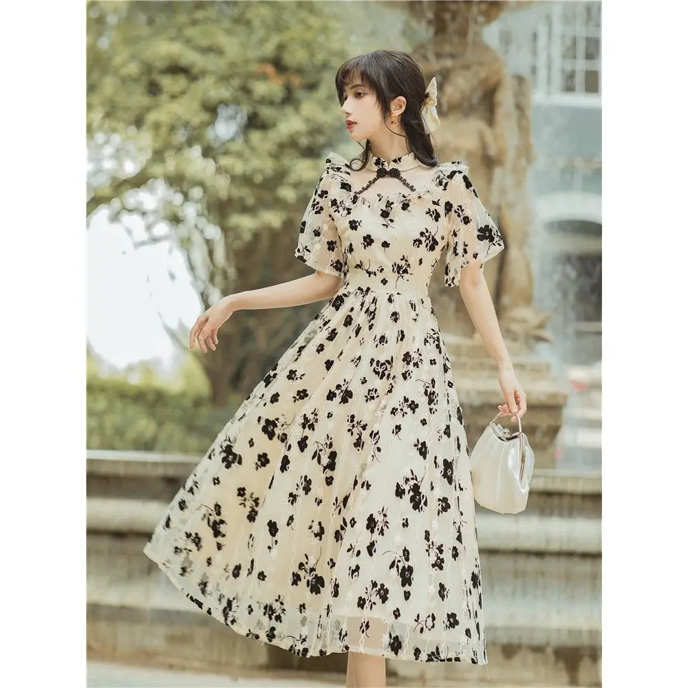 

2022 модное ретро французское улучшенное китайское qipao cheongsam женское летнее платье с рукавами-пузырями, цветочное Марлевое свободное кружевн...