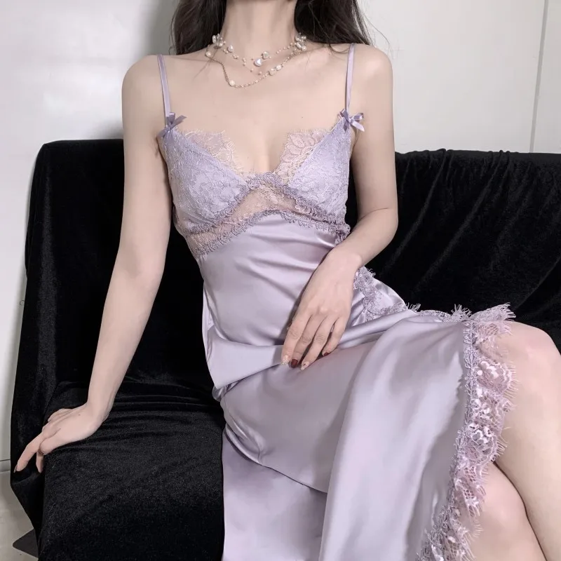 

Sexy Lace Hollow Out Nightdress Nighty Gown Women Satin Chemise Nightgown Summer Strap Robe Sleepwear Dress Loungewear Outfits