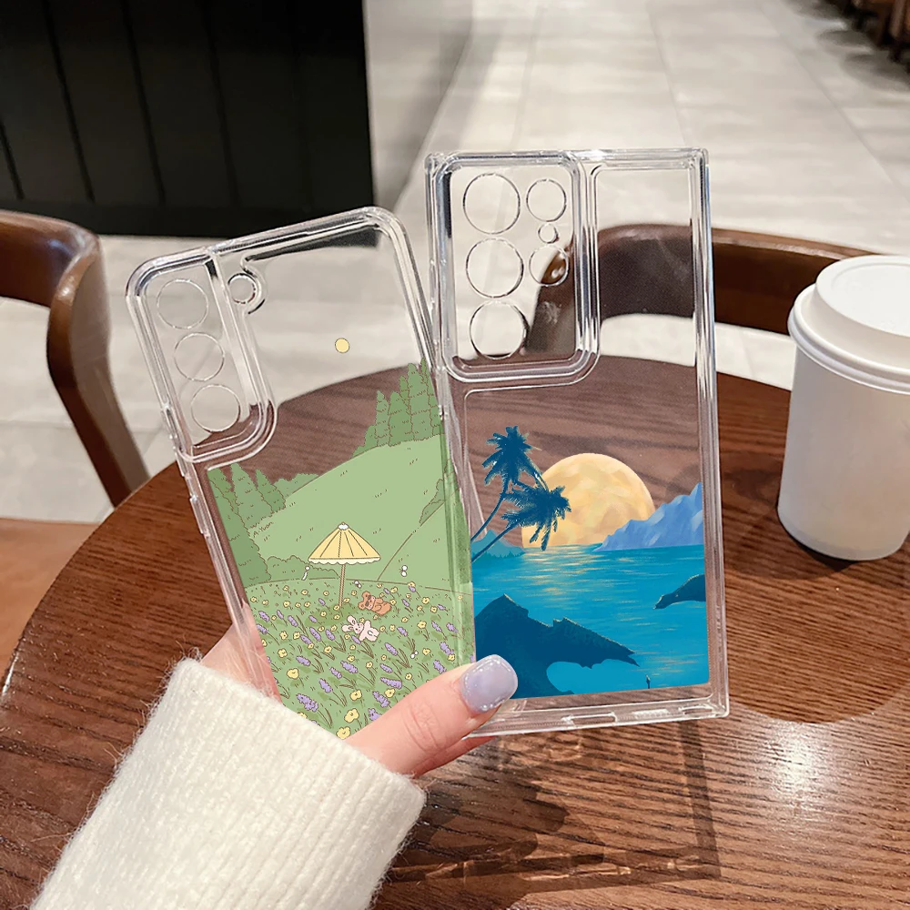 

Phone Case For Samsung Galaxy S21 FE S22 Plus Cartoon Forest Steppe Cases For Galaxy S23 Ultra S22Ultra Transparent Soft Cover