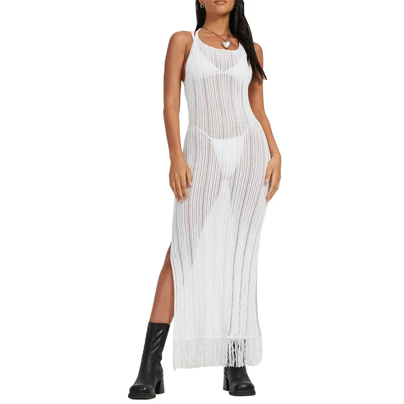 

Summer Streetwear Long Dresses Women Solid Sleeveless Backless Off Shoulder Hollow Side Split Tasseled Dress Bathing Beachwear