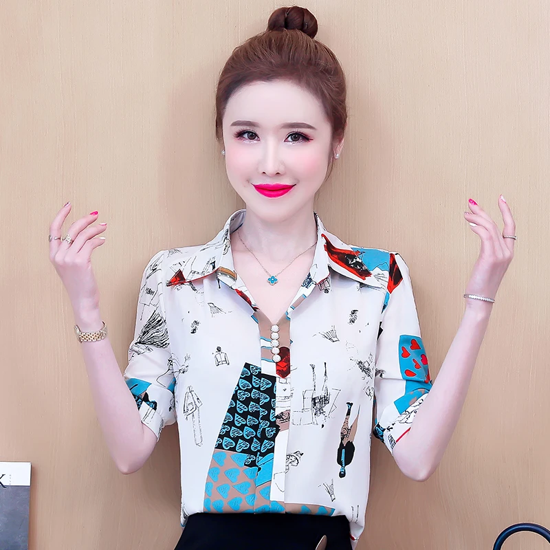 

Chiffon Women's Blouses New Fashion Polo Shirt Casual Short Sleeve Top Patchwork Print Summer Female Clothes