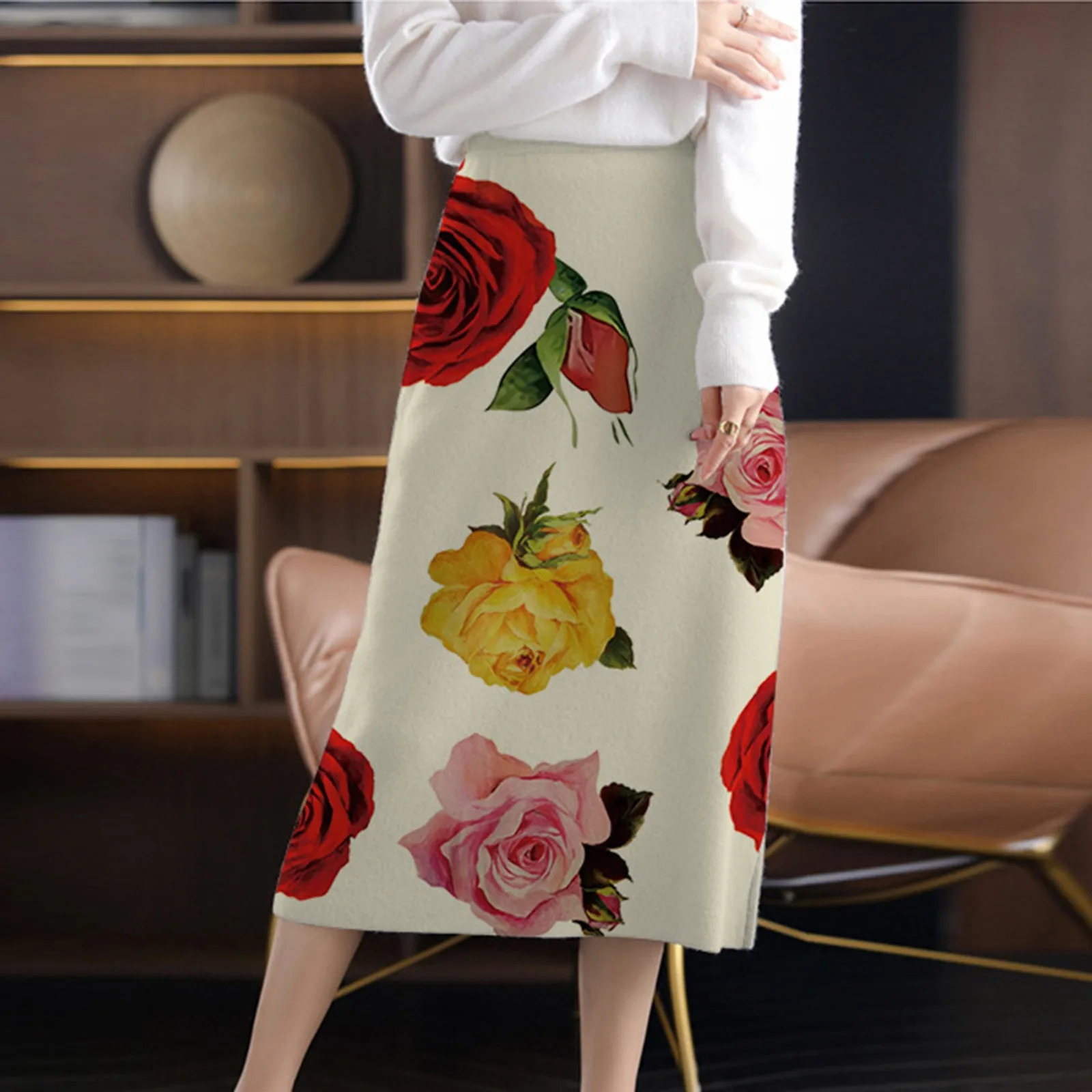 

Женская трикотажная юбка-карандаш средней длины, длинная облегающая юбка-карандаш в рубчик с разрезом и эластичным поясом, теплая плиссиро...