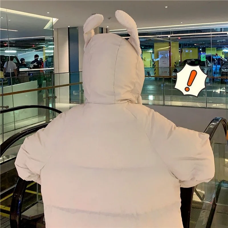 Female Students Sweet Korean Mid-length Thick Cotton-padded Jacket Kawaii College Style Cute Rabbit Ears Cotton-padded Jacket