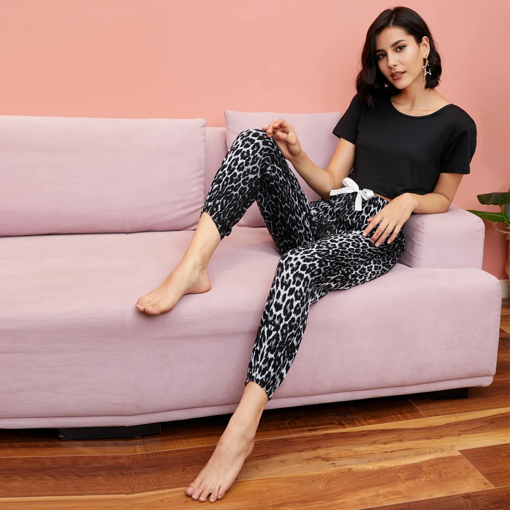 Women's Summer Sets Pajamas Fashion Homewear Shorts Sleeve Solid Short Top Leopard Print Lace-up Shrink Trousers Women Pajama