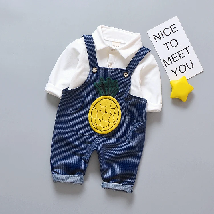 

Long sleeve Lapel pineapple pattern suspender pants two-piece set children's wear spring, summer and autumn casual wear wholesal