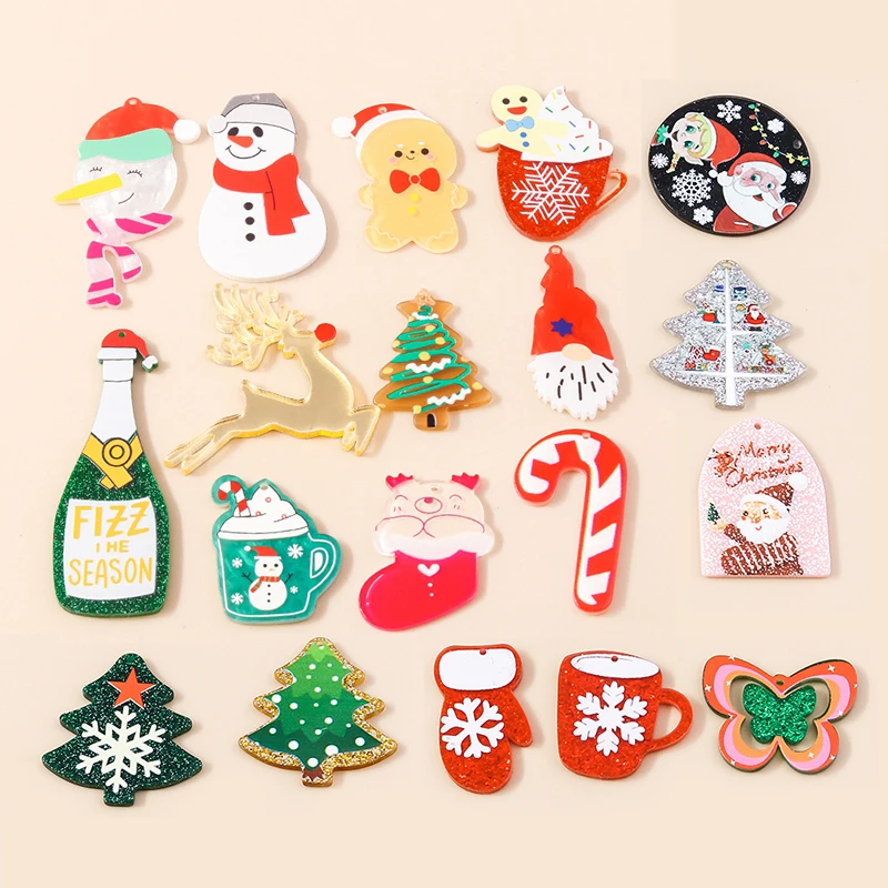 

5Pcs New Christmas Charm Acrylic Christmas Tree Deer Santa Cane Gingerbread Snowman Pendants for Earring Necklace DIY Jewelry