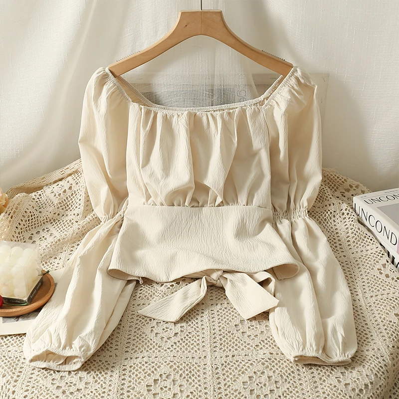 

Блузка женская однотонная с бантом и длинным рукавом, французская винтажная короткая приталенная рубашка с квадратным вырезом, весна-лето 2023