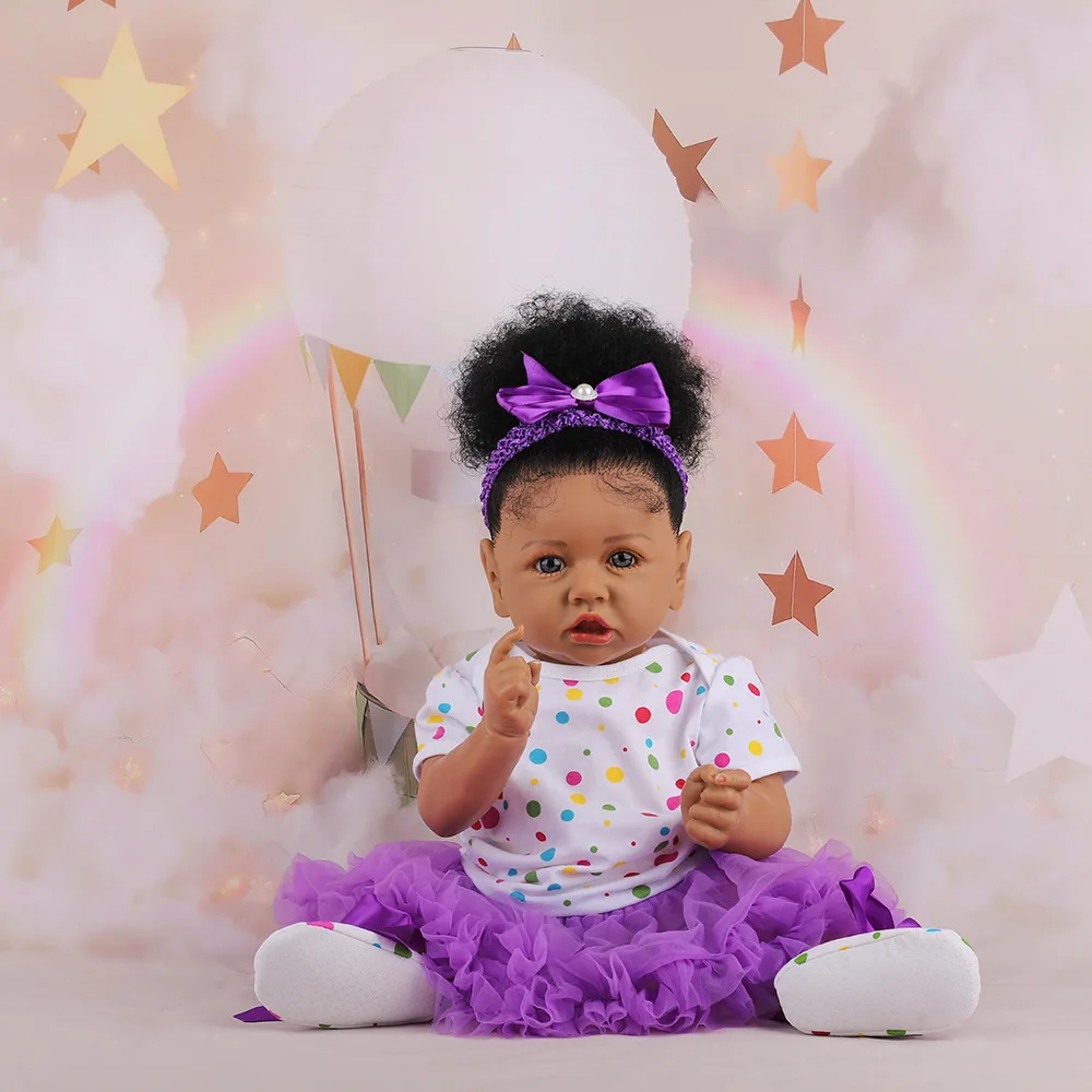 

58CM Complete Doll Bebe Reborn Saskia Soft Body Flexible Black Skin African American Baby Hand Rooted Hair Bonecas Bebe Doll Toy