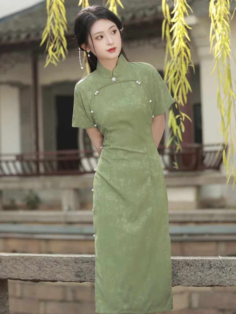 

Женское жаккардовое платье-Ципао, элегантное зеленое современное вечернее платье в китайском стиле ретро, лето
