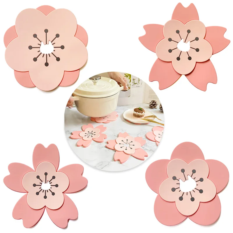 

Sakura Cat Non-slip Coaster Multifunction Heat Insulation Table Mat Double Layer Hollow Pot Mat Desktop Decor Kitchen Accessorie