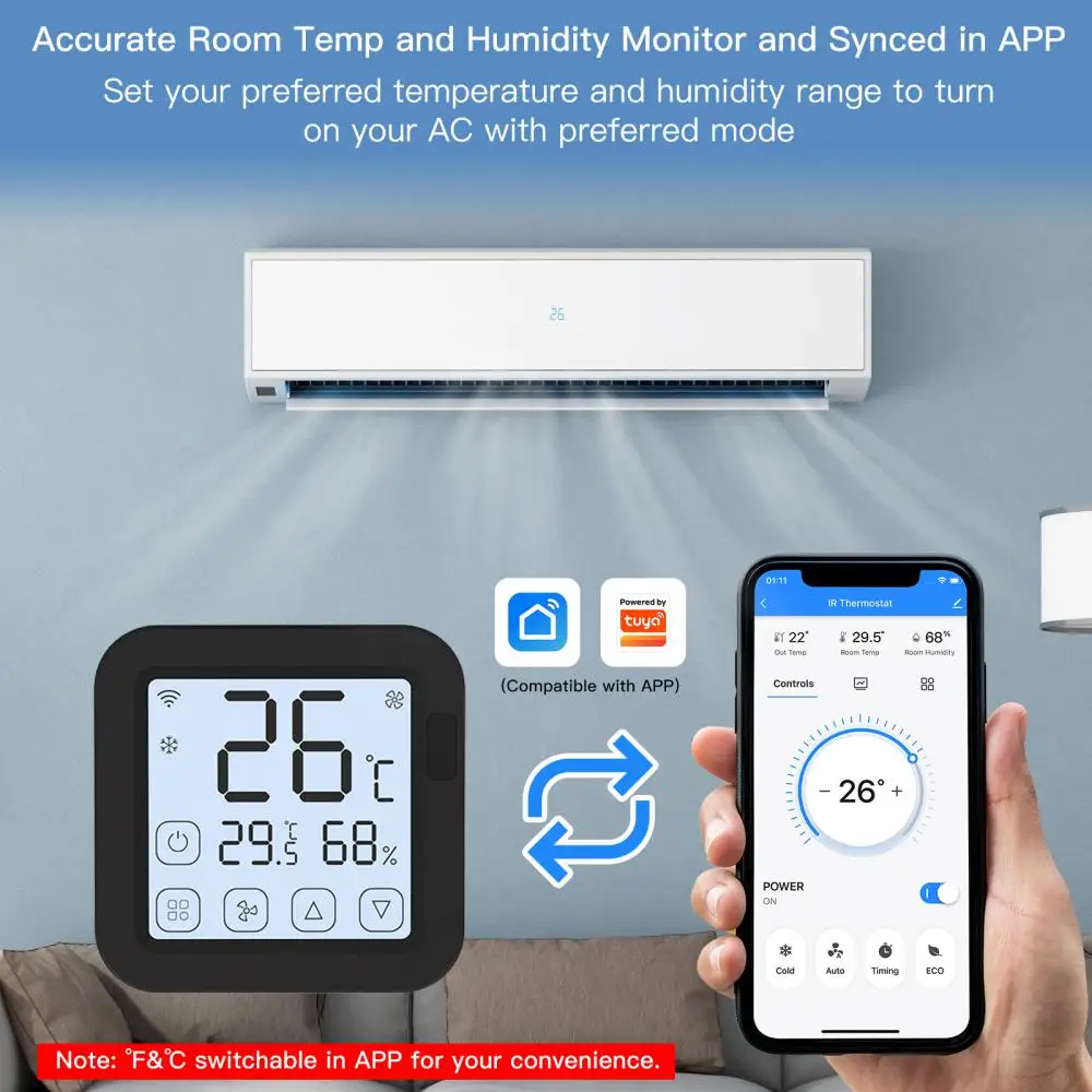

New Wireless Wifi Ir Thermostat Tuya Lcd Screen Touch Button Temperature And Humidity Sensor Timing T And H Remote Controller